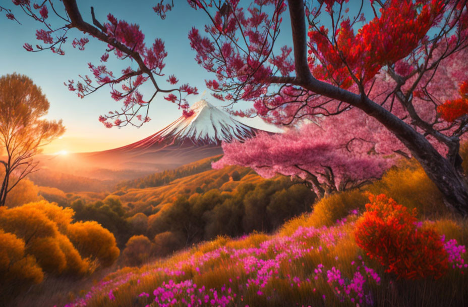 Scenic spring landscape: cherry blossoms, snow-capped mountain, warm sunset sky