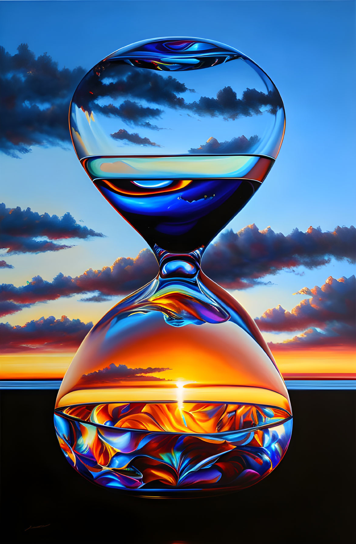 Digital artwork: Hourglass with sunset sky reflection