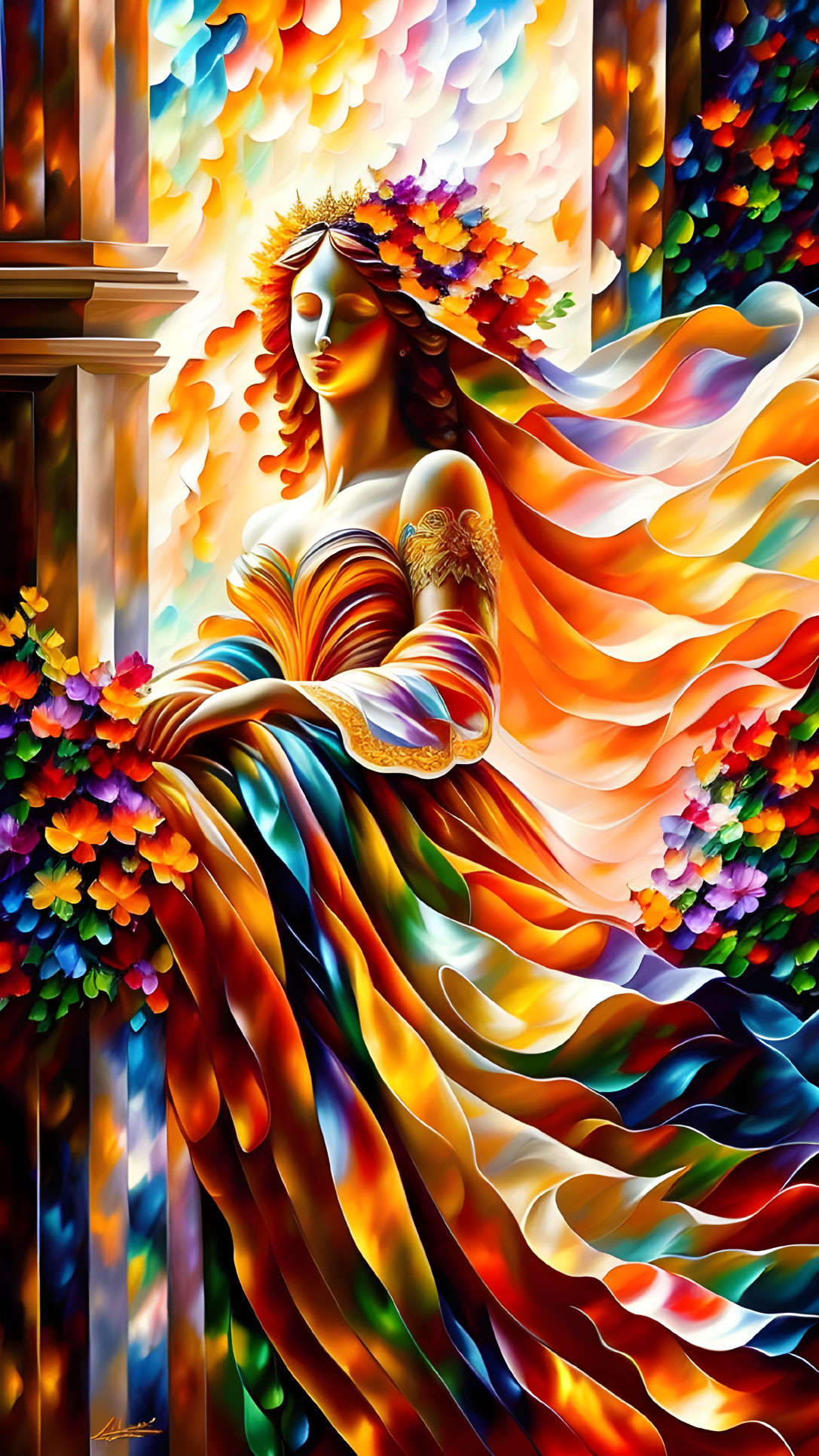 Colorful painting of blindfolded woman in flowing gown with floral and leaf patterns