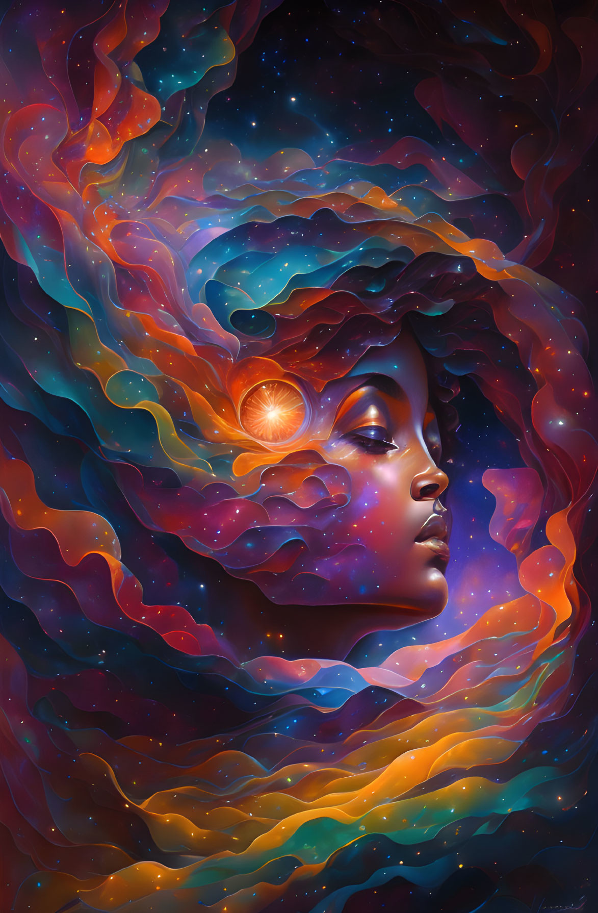 Colorful portrait of a woman with flowing cosmic hair in starry space