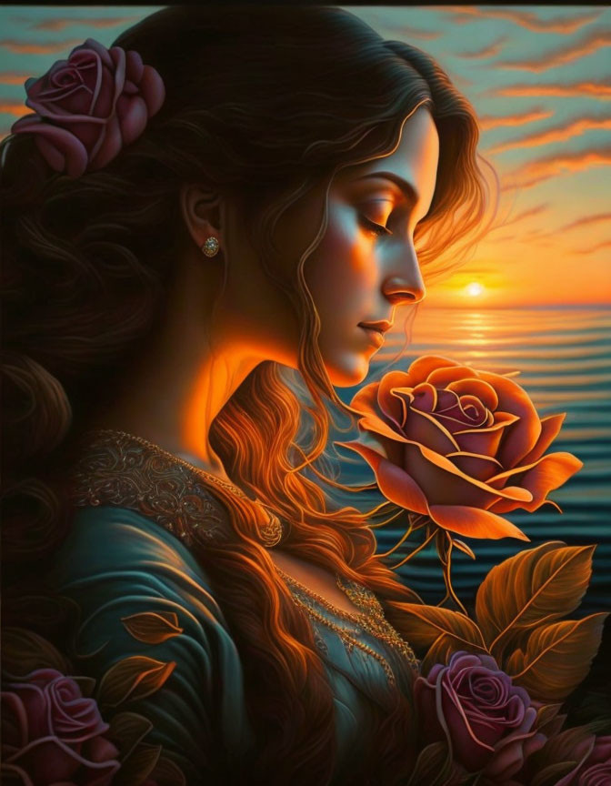 Profile of woman with long hair holding rose against ocean sunset.