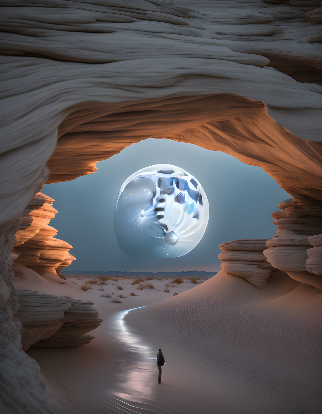 Desert landscape with figure under rock archway and surreal moon