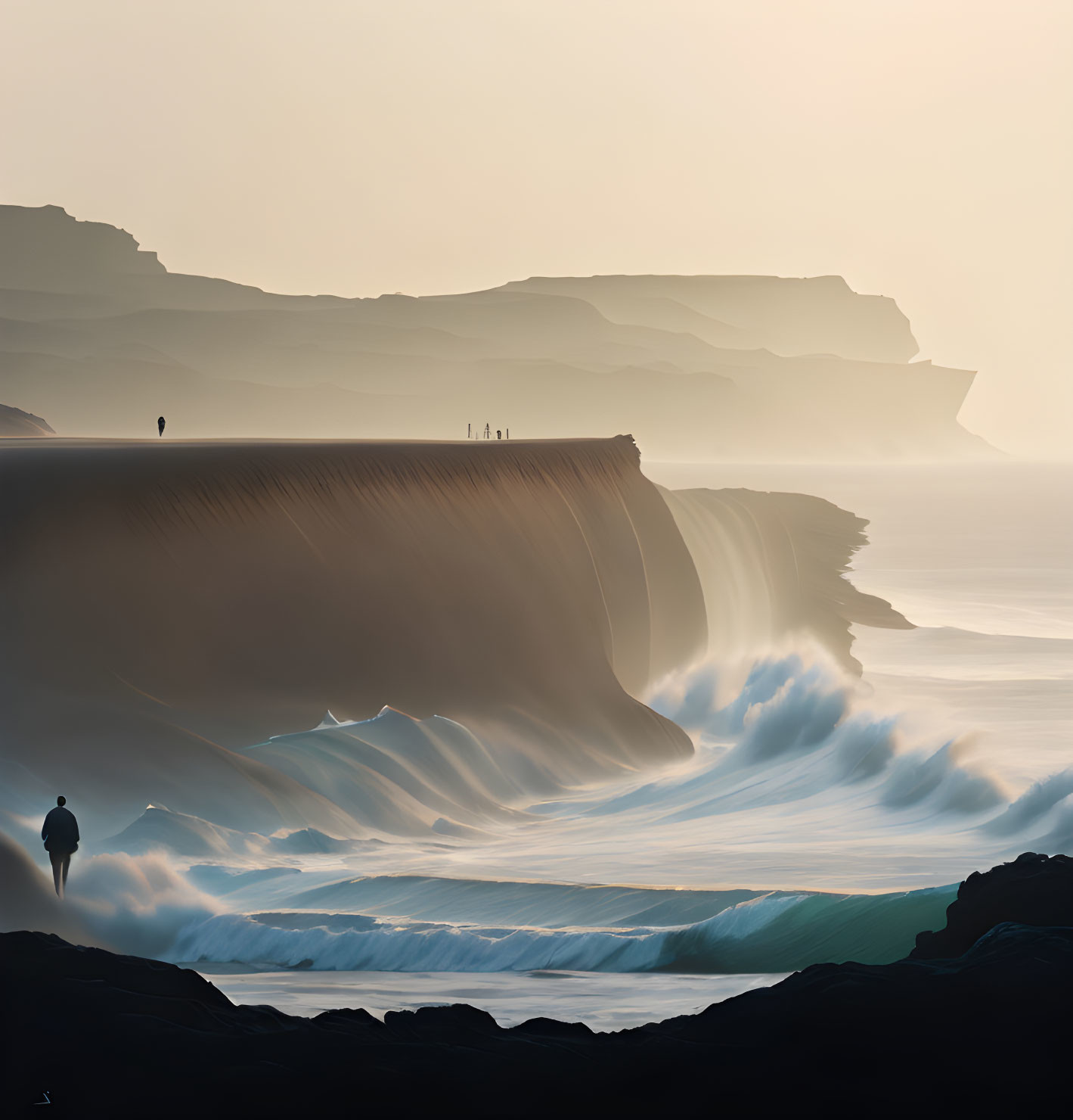 Sunset coastal scene: silhouetted figures on cliffs with crashing waves.