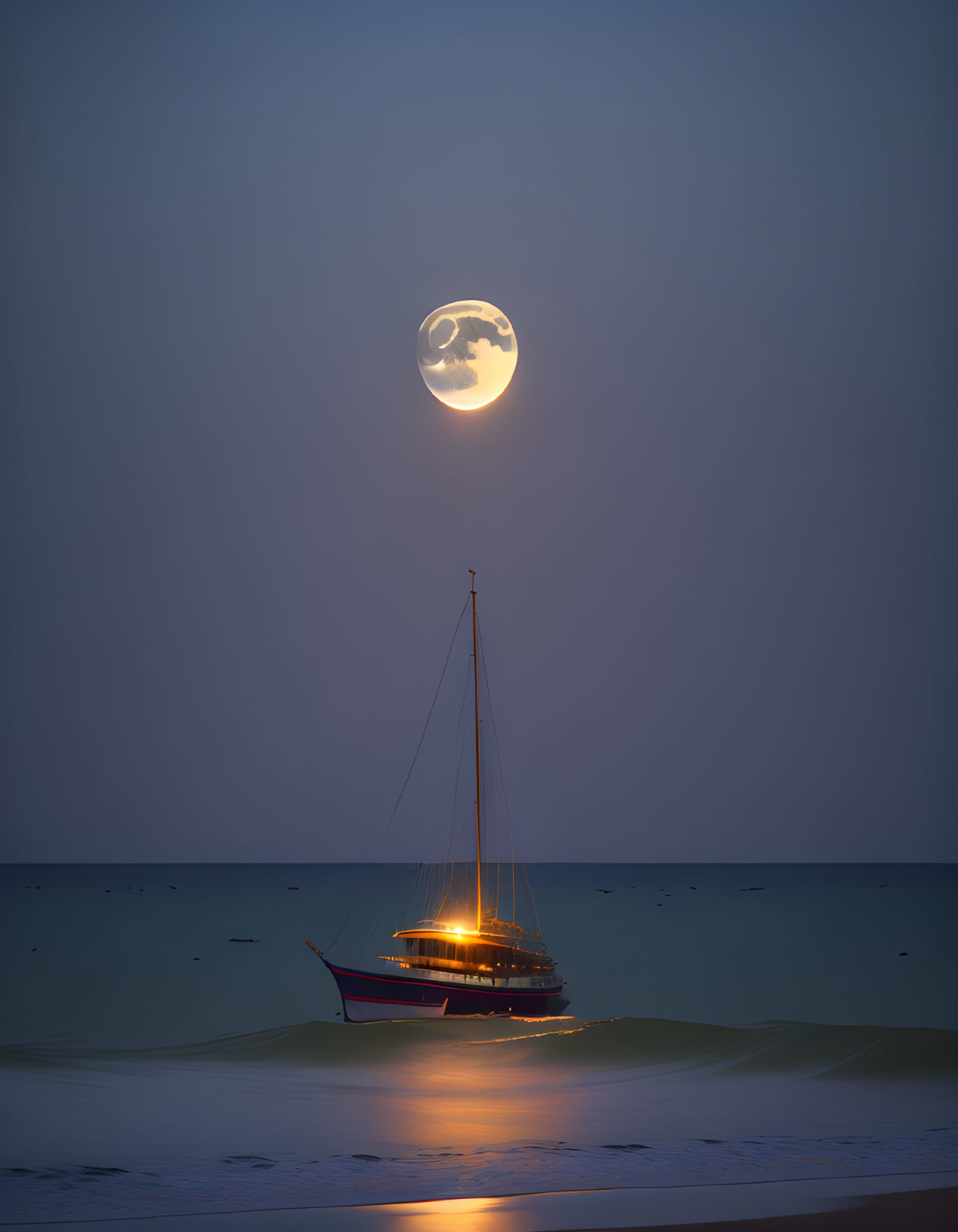 Sailboat anchored near beach under full moon at dusk