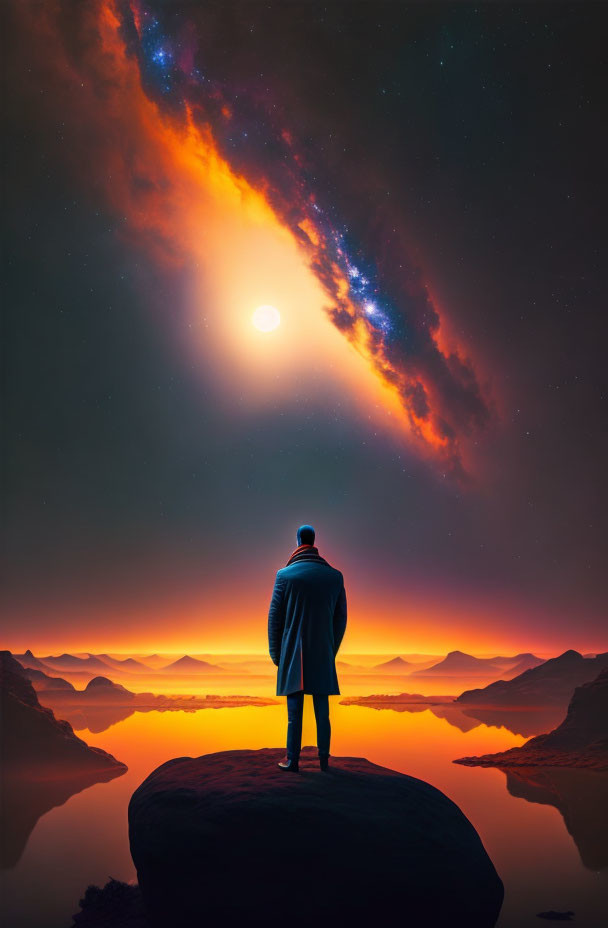 Person in coat gazes at serene lake, mountains, and cosmic nebula