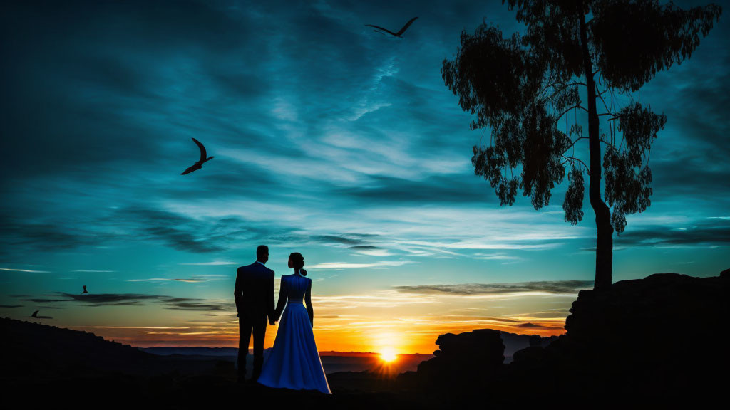 Silhouetted couple against vibrant sunset sky with flying birds and lone tree on cliff