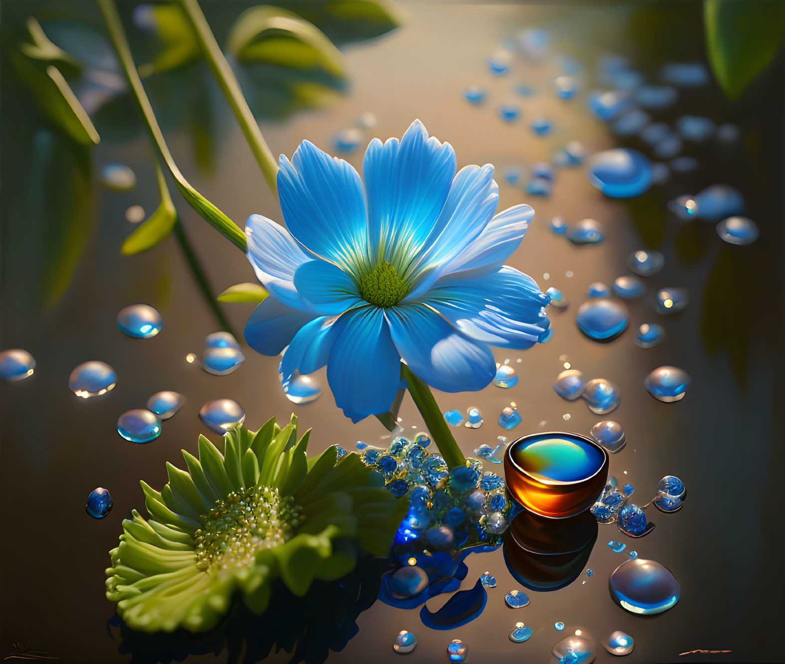 Blue Flower Reflecting on Water Surface with Droplets and Leaves