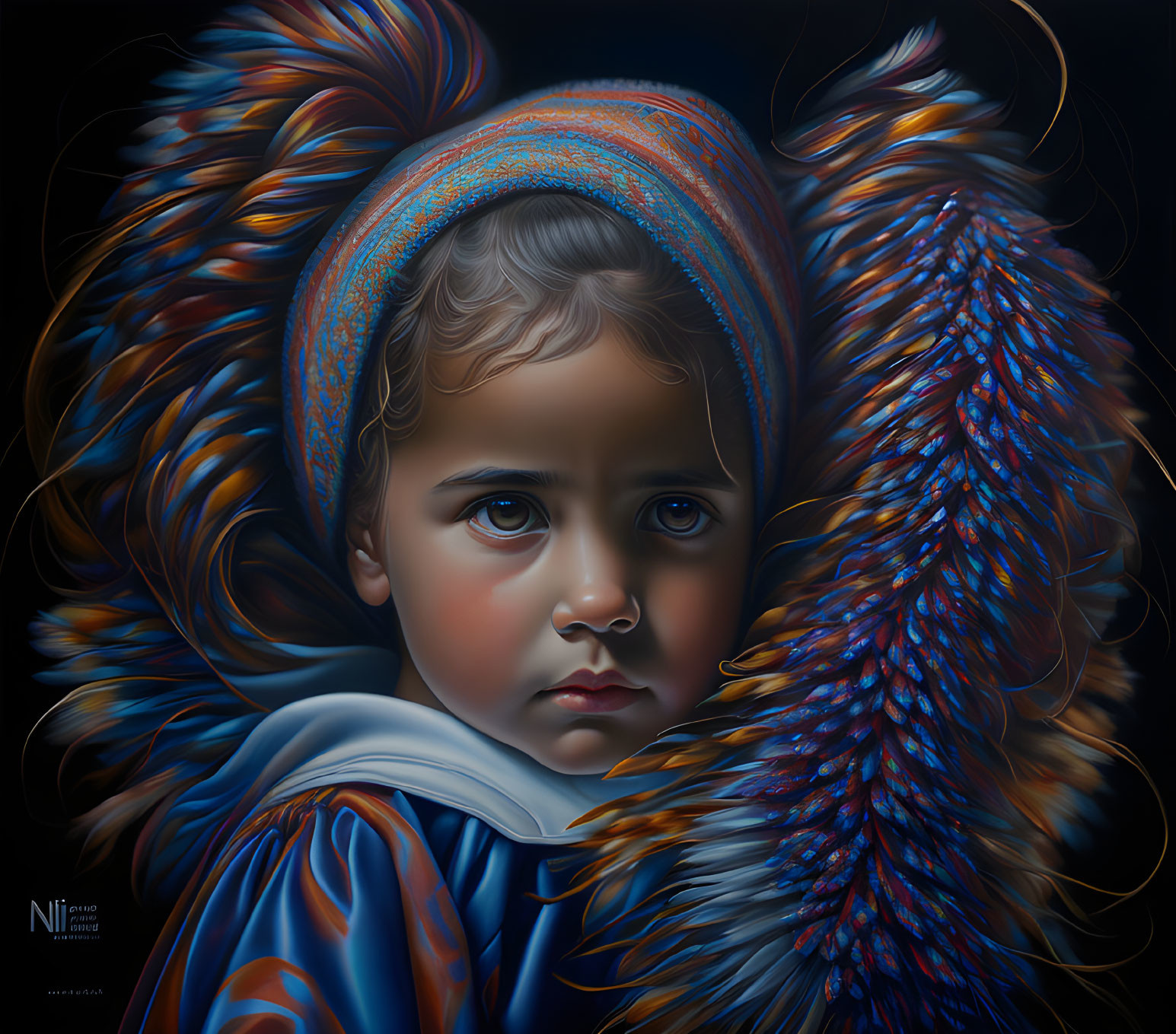 Child in Blue Cloak with Bird Wing on Shoulder against Dark Background