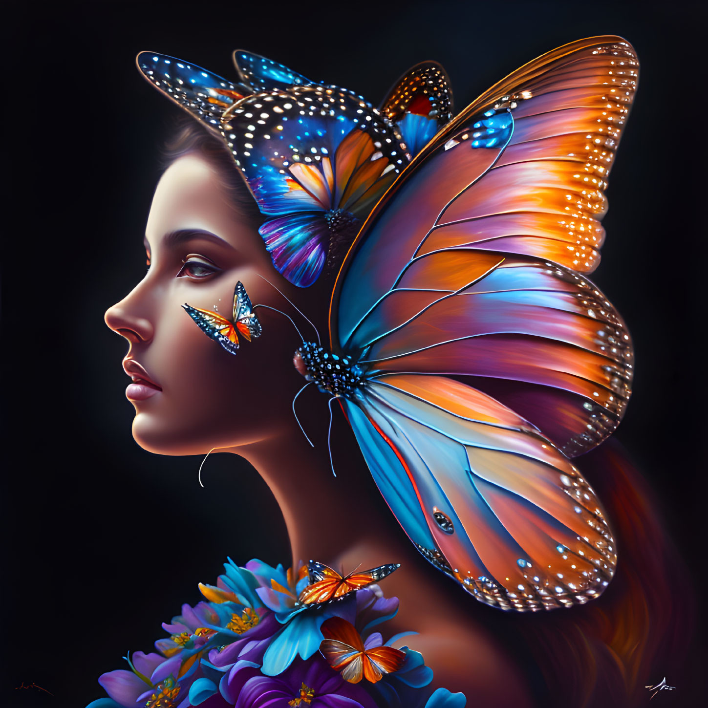 Vibrant butterflies on woman's head and shoulder in surreal portrait