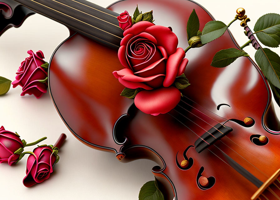 Glossy Violin with Red Rose and Floral Accents