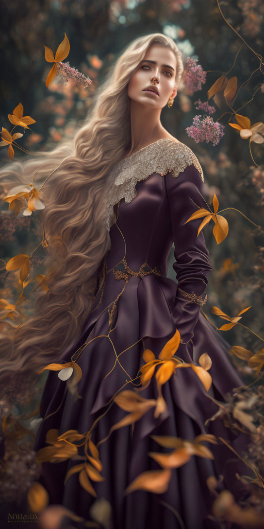 Blonde woman in purple dress surrounded by autumn foliage