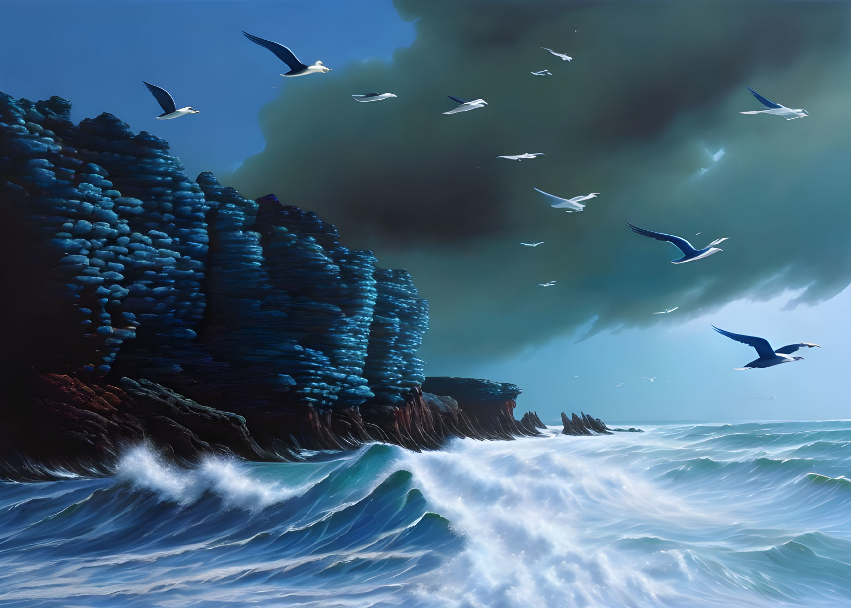 Stormy Coastal Scene: Turbulent Waves, Rocky Cliffs, Seagulls