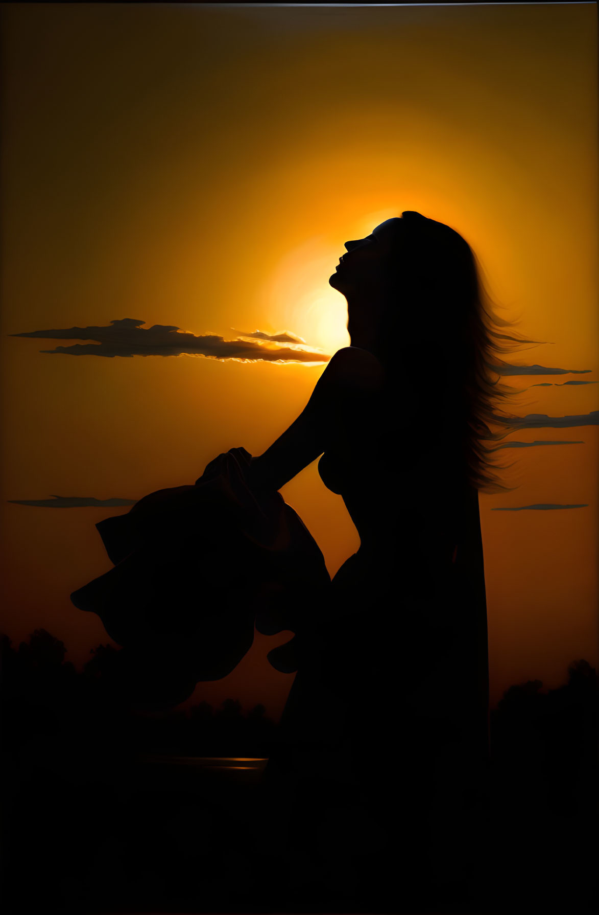 Woman Holding Hat Silhouette Sunset Sky Art