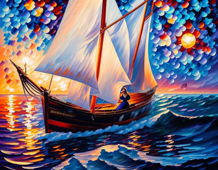 Colorful sailboat painting at sunset with person, swirling waves, and patterned sky