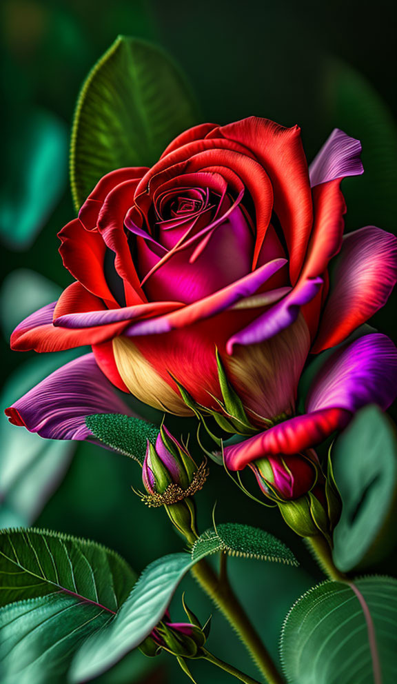 Vivid Pink and Crimson Rose with Green Leaves on Dark Background