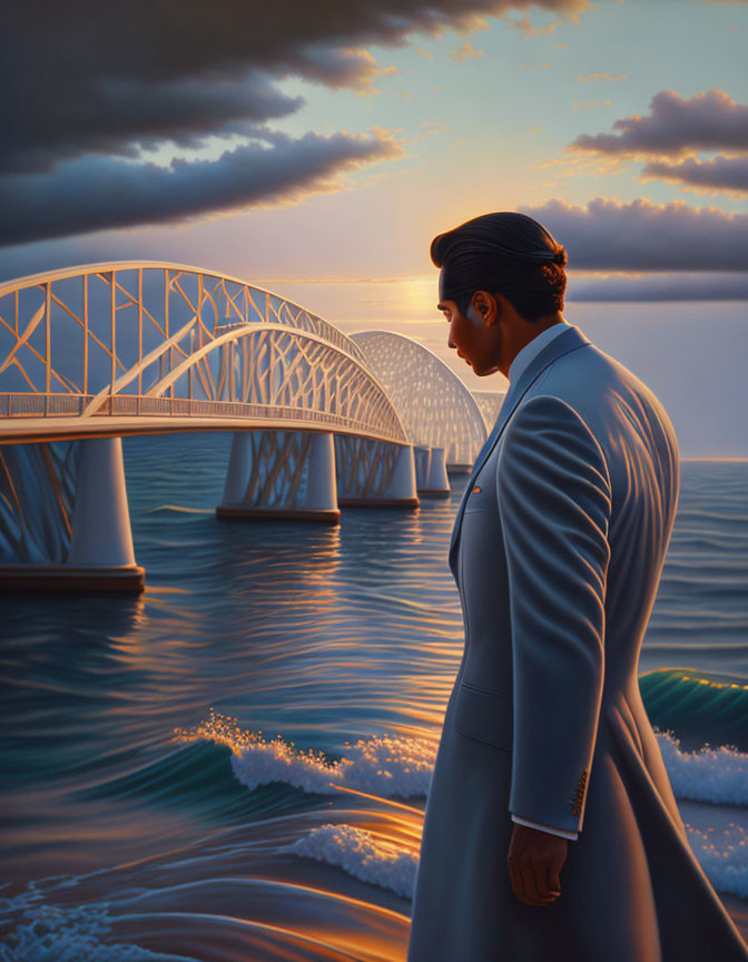 Man in turban and suit gazes at curved bridge over serene water at sunset