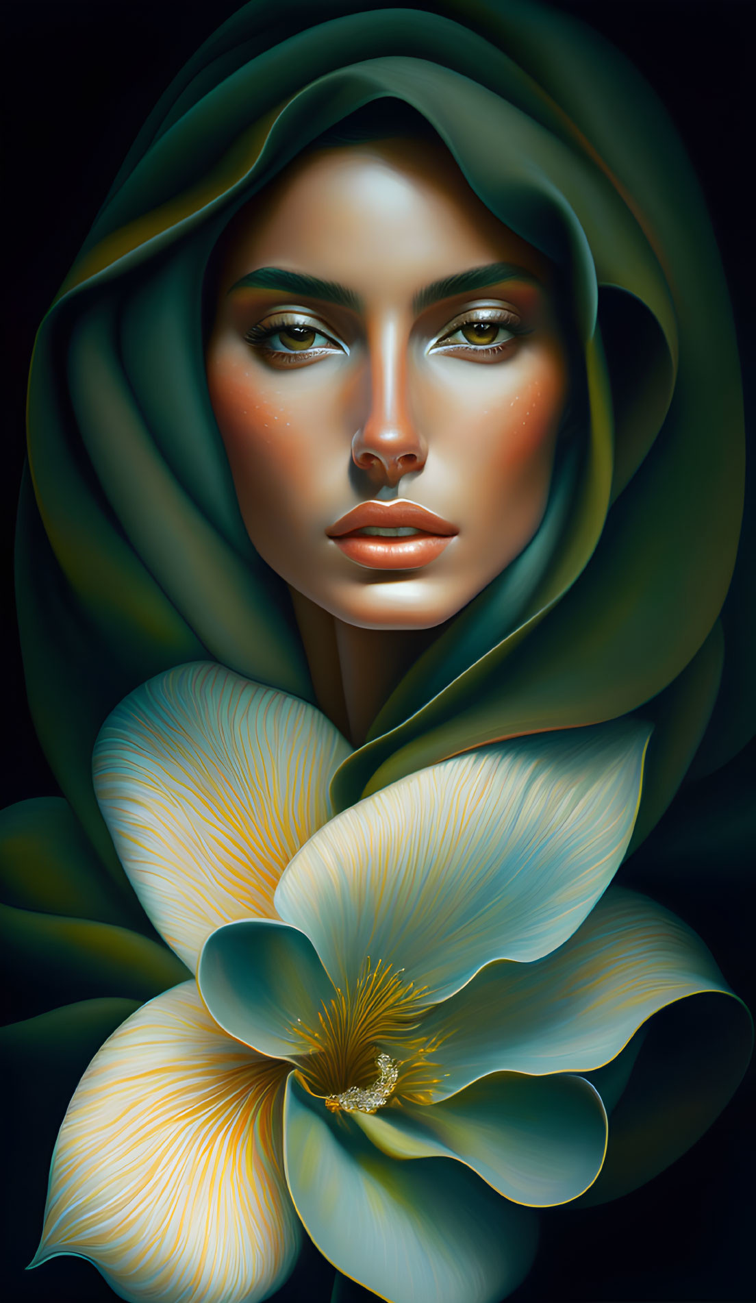 Stylized illustration of woman with green headscarf and yellow flower on dark background