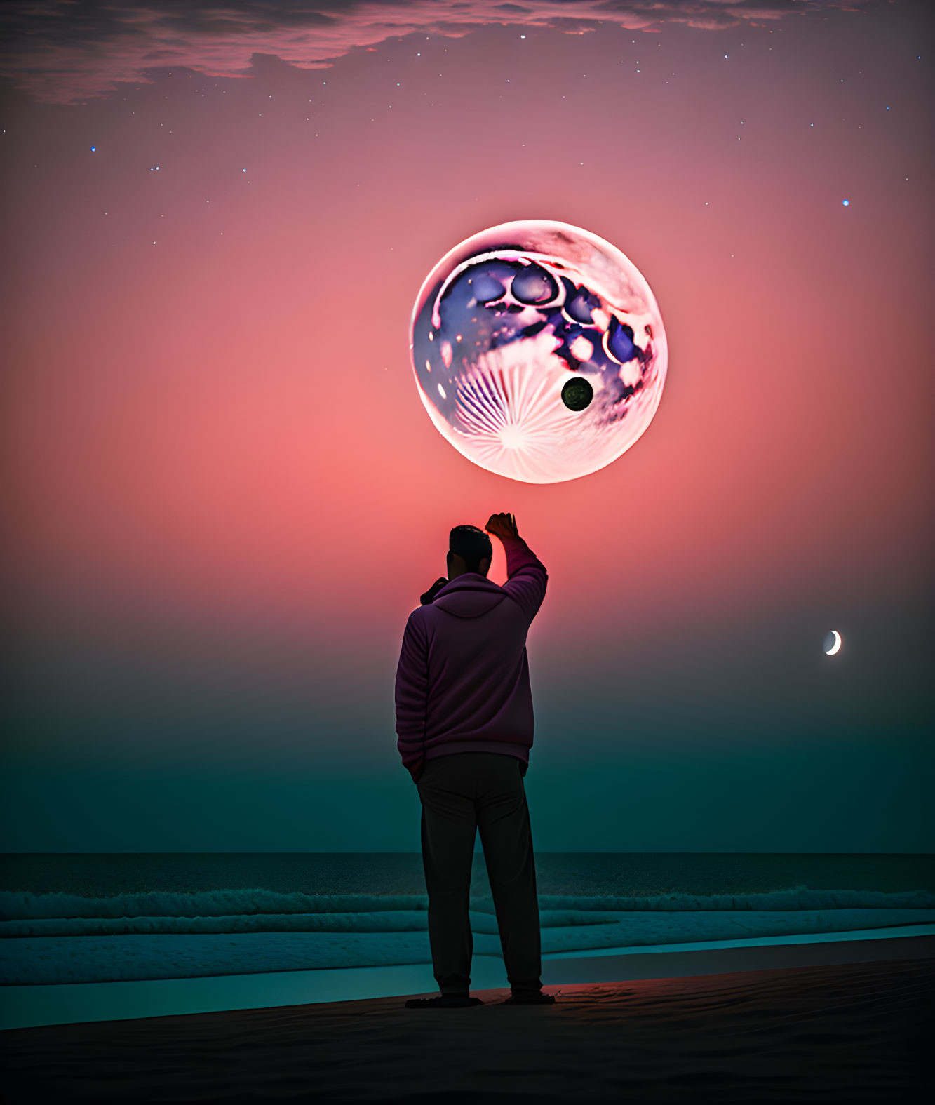 Purple-jacketed person gazes at moon artwork on beach boardwalk.