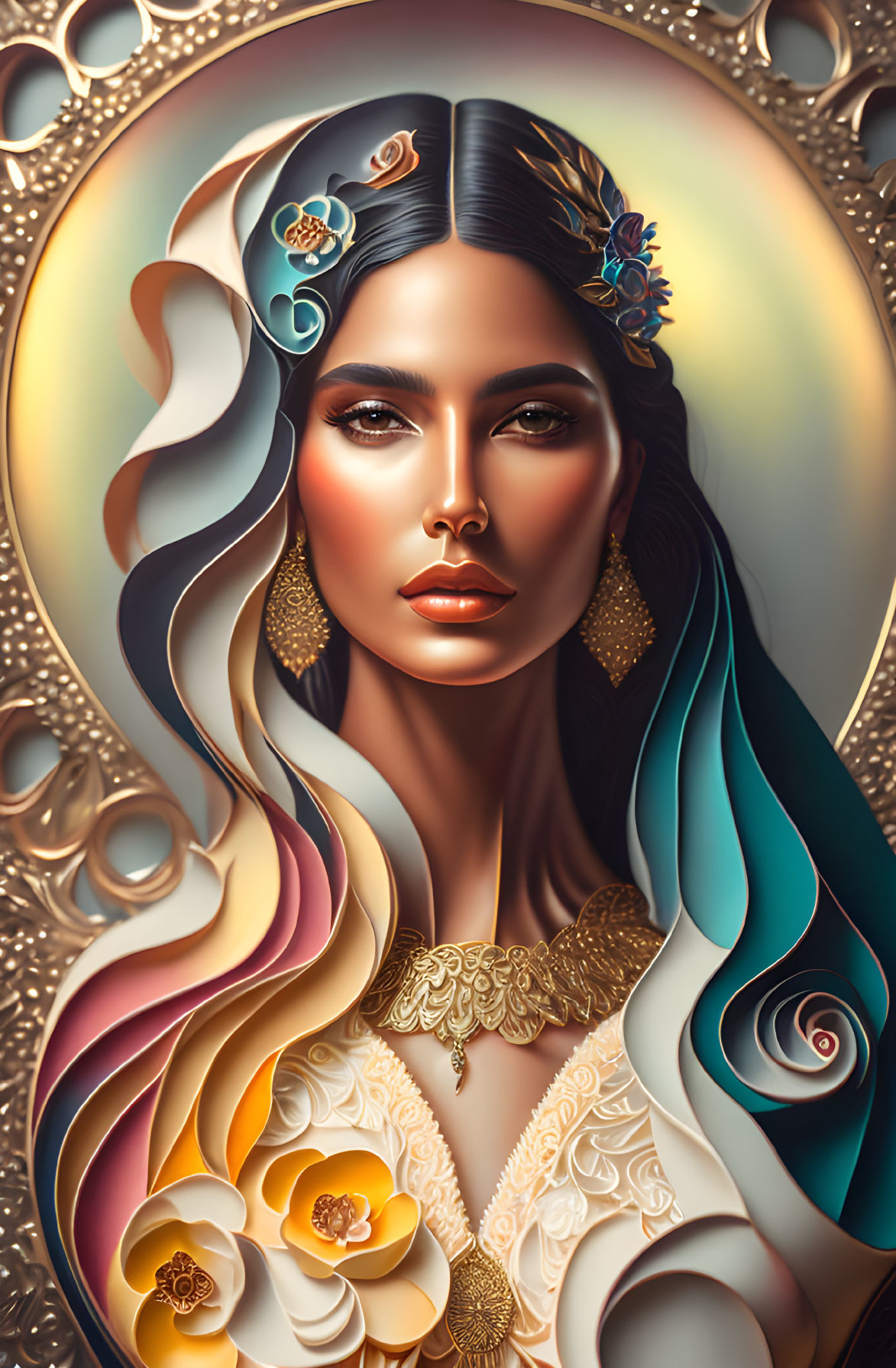 Stylized portrait of a woman with flowing hair and ornate jewelry