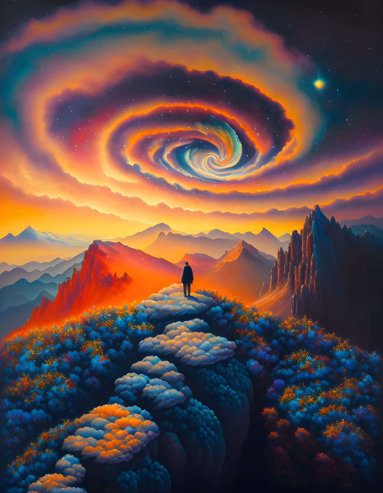 Person standing on flowering path between mountains under surreal twilight sky.