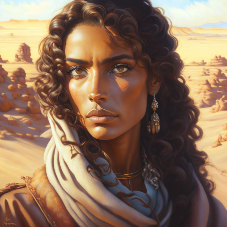 Digital artwork: Woman with curly hair and golden earrings, gazing in desert landscape