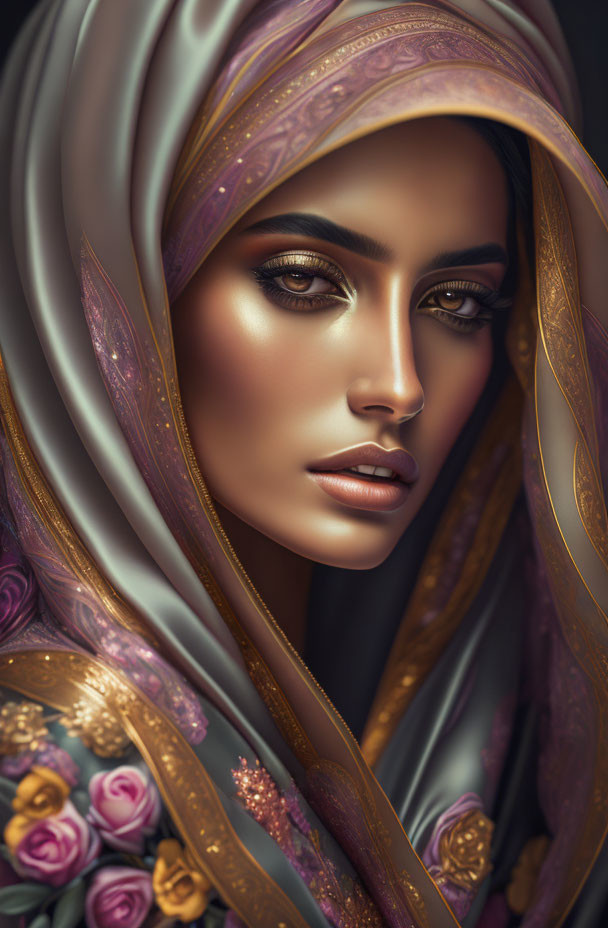 Striking digital portrait of a woman in shimmering hijab