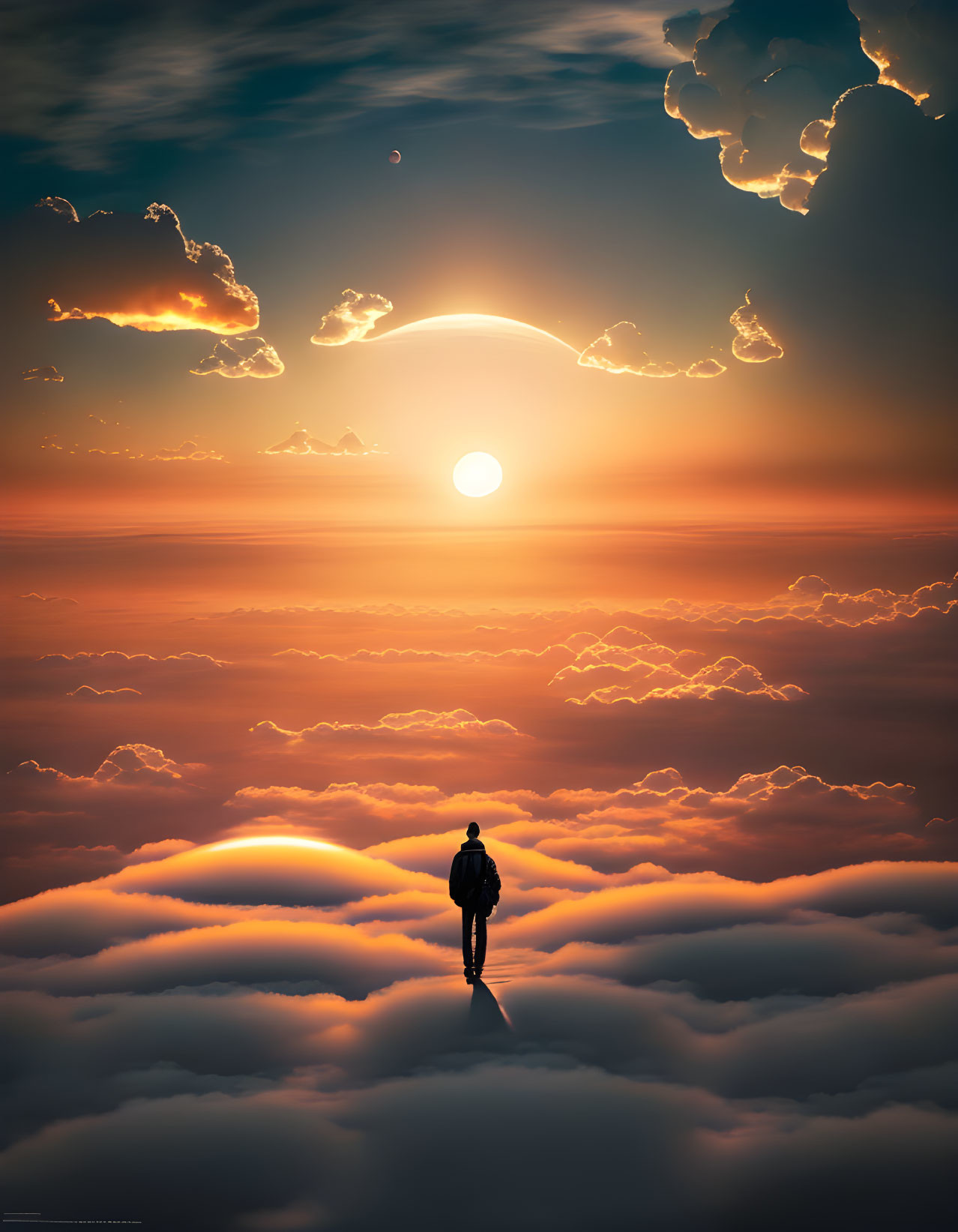 Figure standing on clouds at sunset under crescent moon