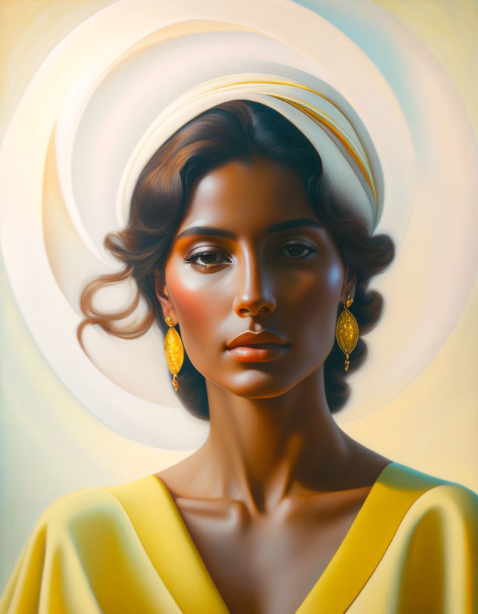 Portrait of Woman with Halo Effect, Golden Earrings, and Yellow Garment