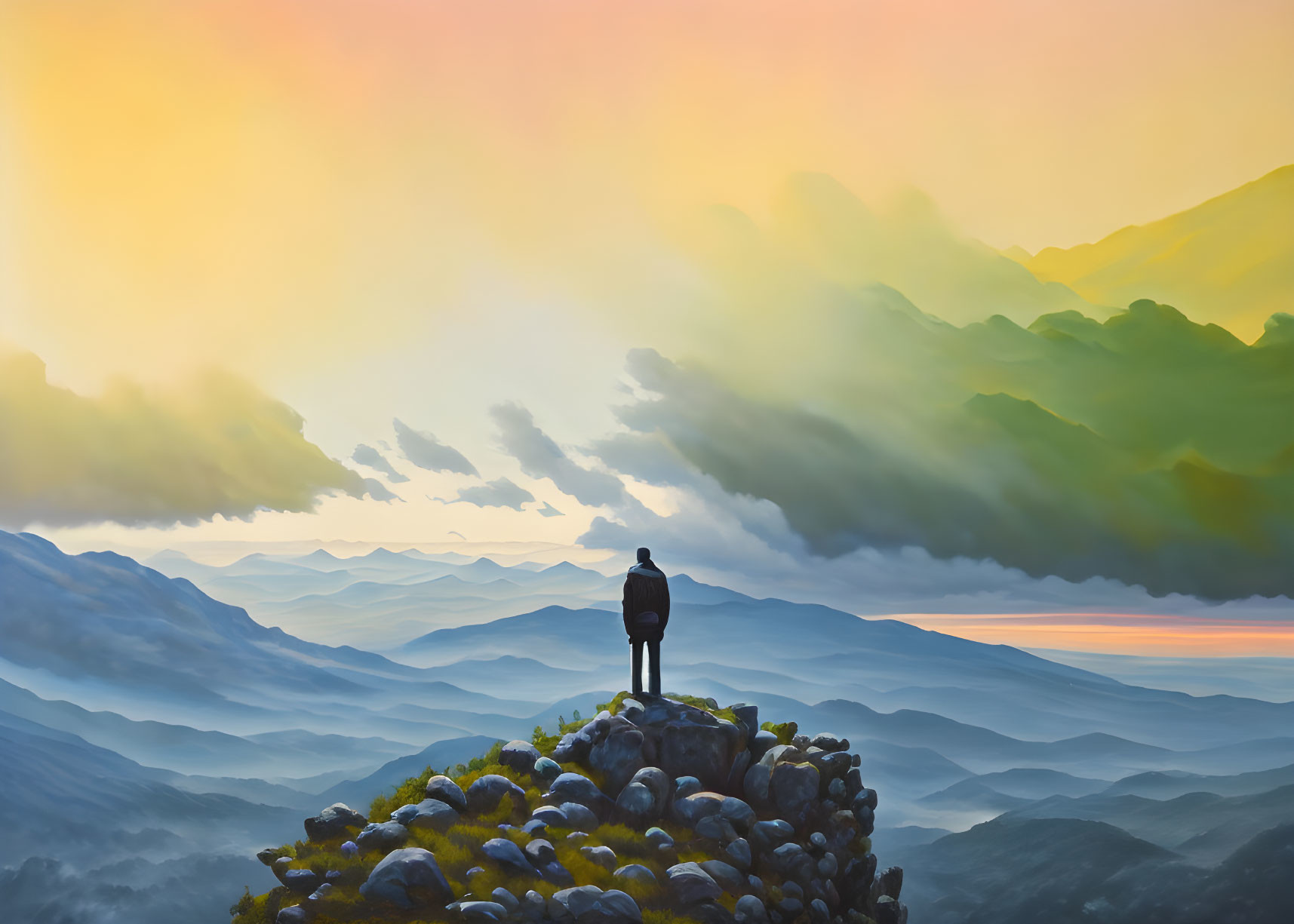 Solitary figure on rocky outcrop gazes at misty mountains at sunrise or sunset