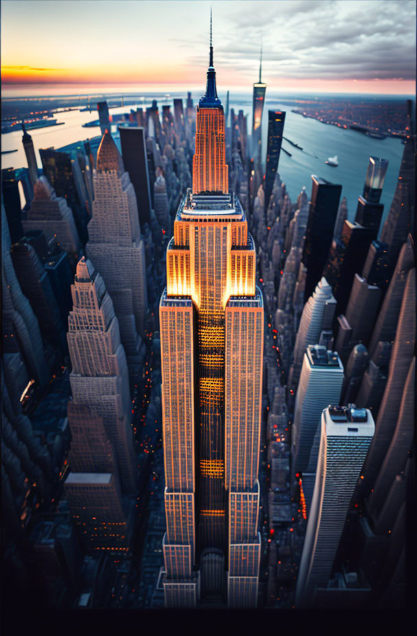 Iconic Empire State Building at dusk with city lights and skyline in aerial view.