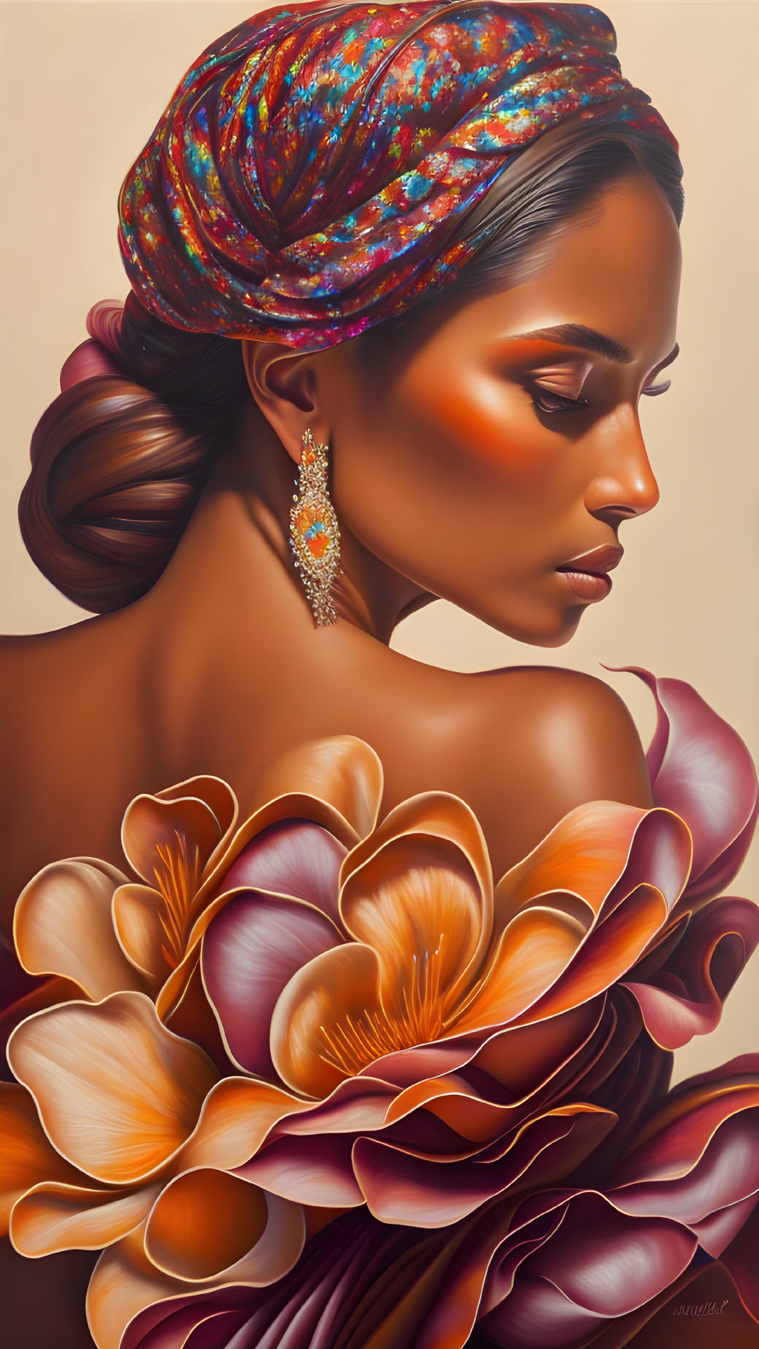 Colorful Headscarf and Bronze Flowers: Elegant Woman Portrait with Stylish Earring