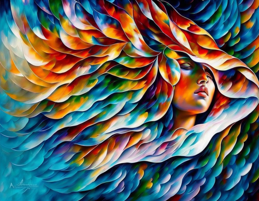 Colorful abstract portrait with feather-like patterns.