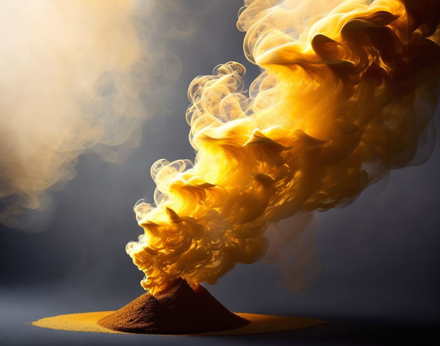 Vivid yellow and orange smoke billowing from powder mound