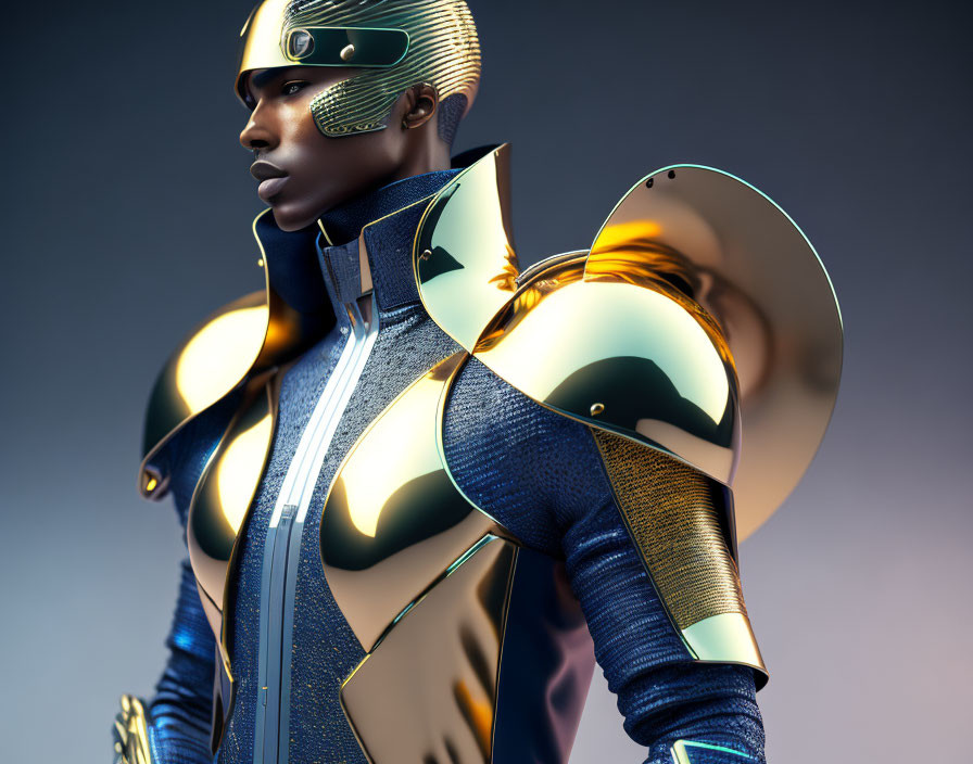 Futuristic female figure in gold-accented blue bodysuit with advanced helmet