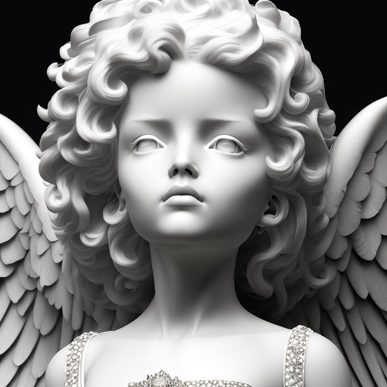 Detailed 3D-rendered angelic figure with curly hair and intricate wings