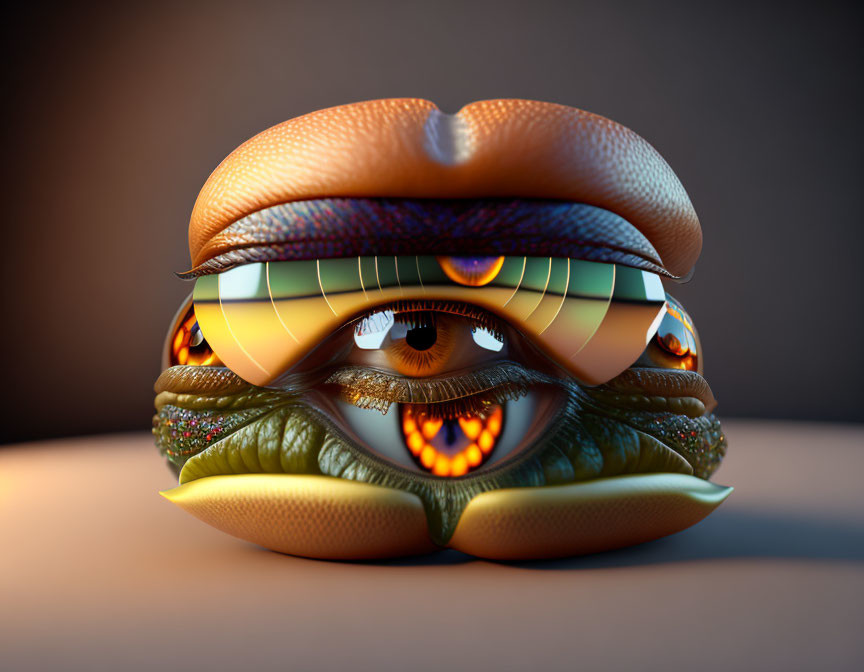 Surreal cheeseburger with human-like features on dark background