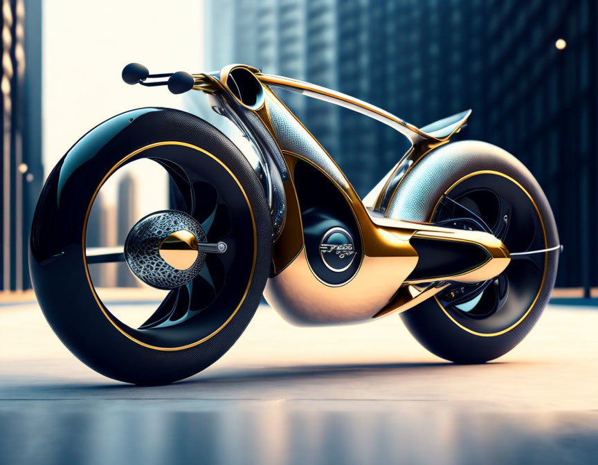 Sleek futuristic motorcycle with hubless wheels and aerodynamic frame amid skyscrapers