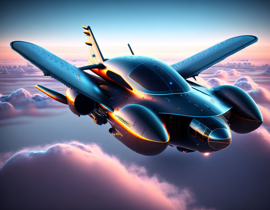 Sleek black and blue futuristic spaceship flying at sunset