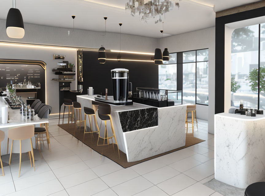 Contemporary Cafe Interior with Marble Bar Counter and Elegant Decor