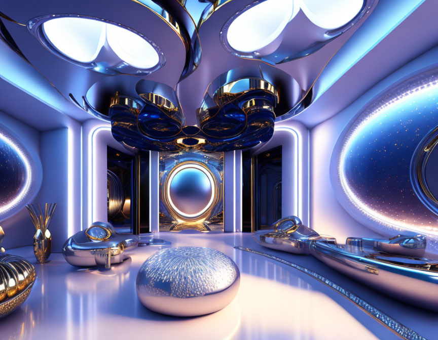 Modern interior design with neon lights, metallic furniture, and abstract shapes