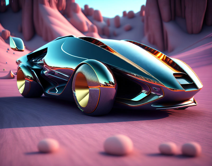 Futuristic blue car with sleek design on pink sandy terrain