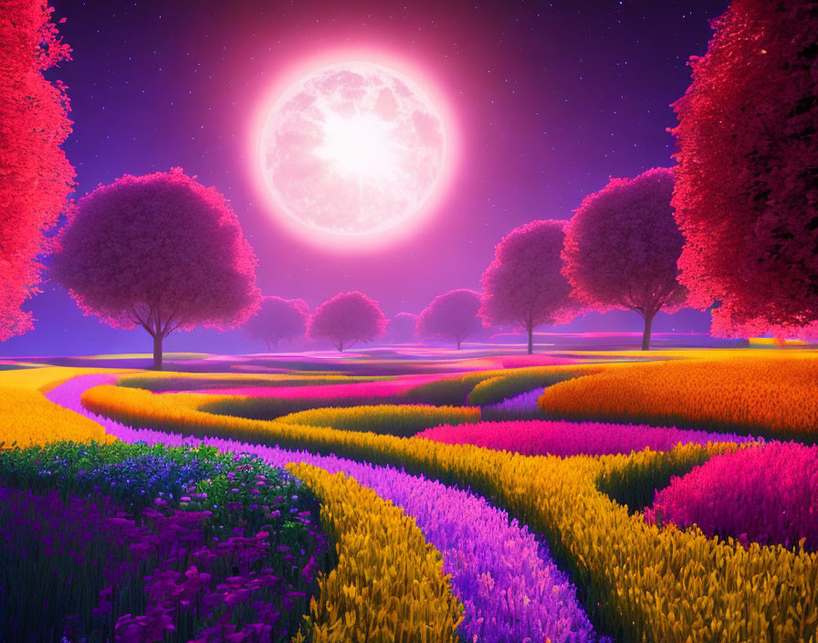 Colorful Flower Paths Illuminated by Large Moon