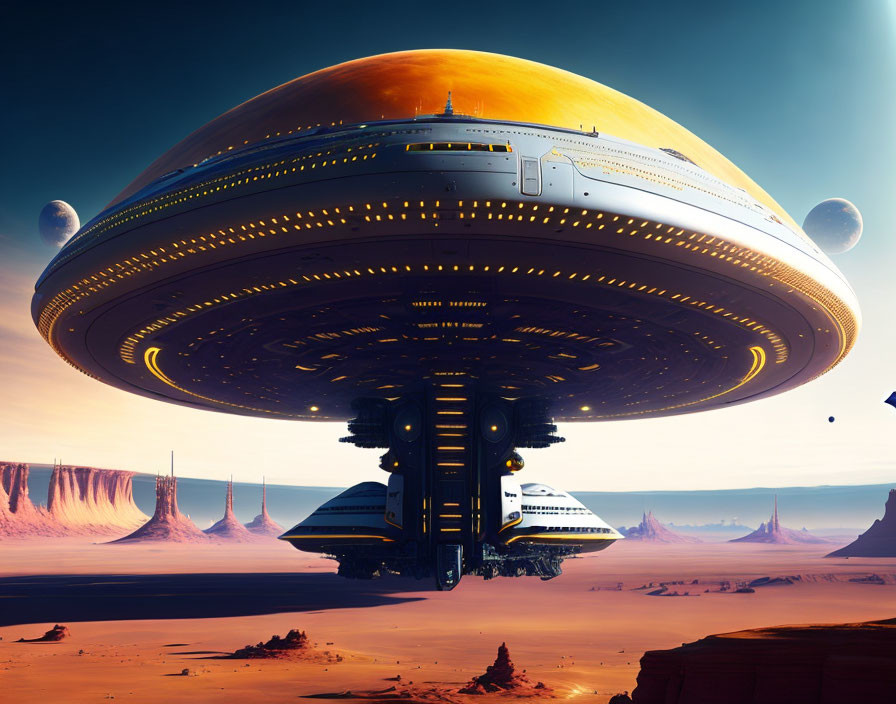 Gigantic saucer-shaped spaceship over desert cliffs at sunset