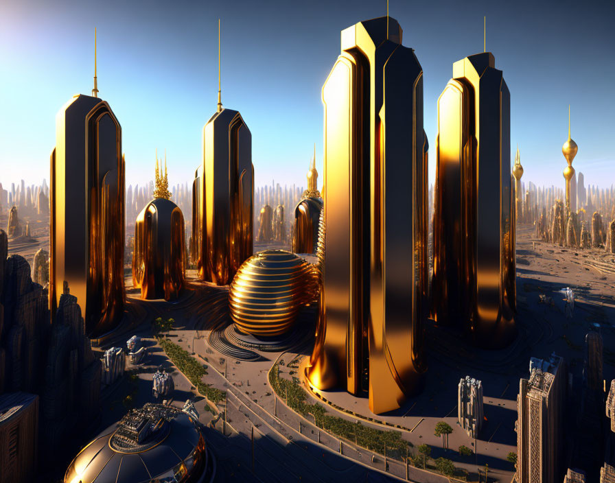 Golden skyscrapers and futuristic architecture in a clear blue sky