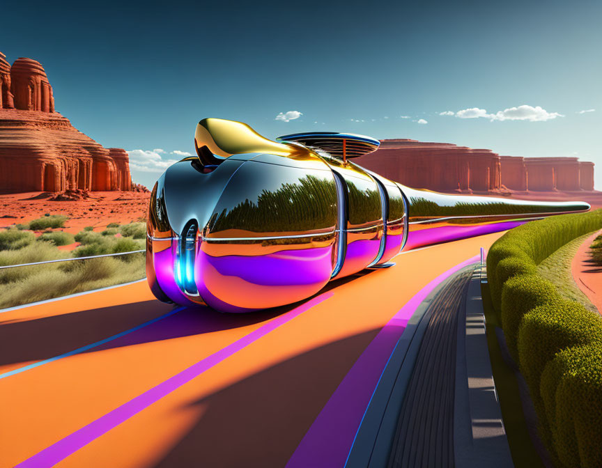 Futuristic vehicle on neon-striped desert road amid red rocks & green foliage