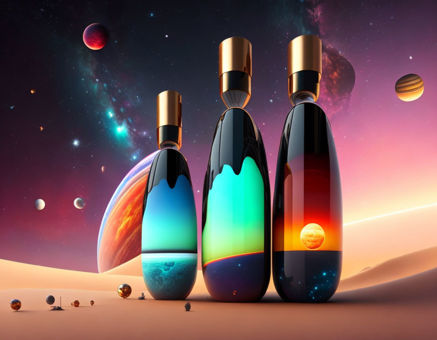 Vibrant cosmic liquid in stylized perfume bottles on space backdrop