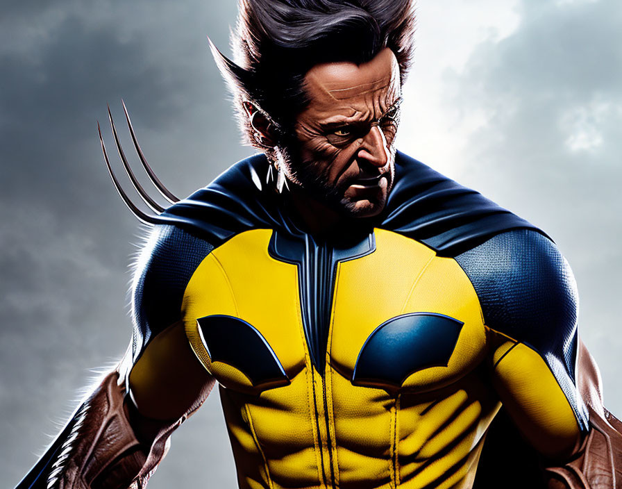 Wolverine illustration in blue and yellow suit with metal claws against stormy sky