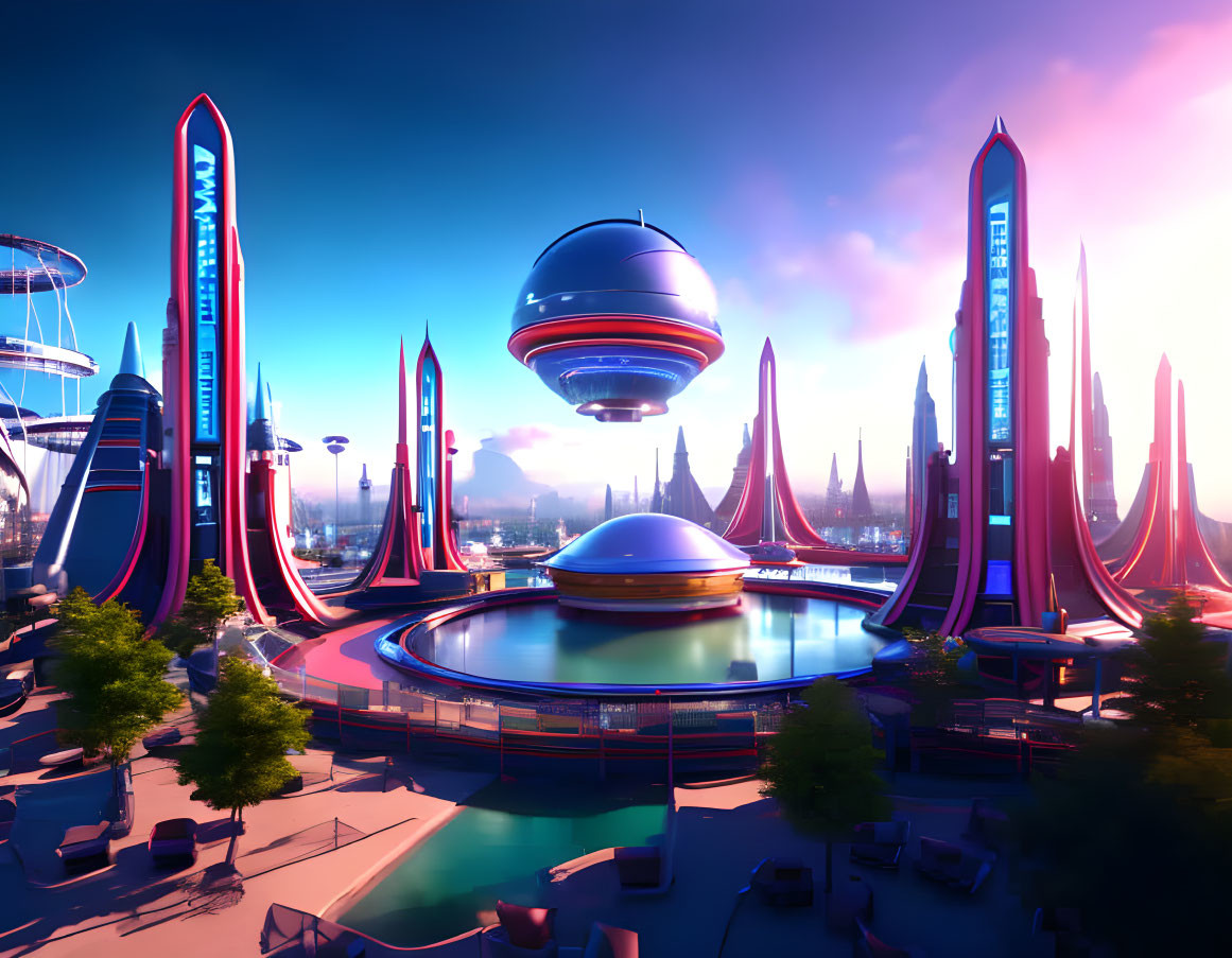 Futuristic cityscape with towering spires and floating vehicles