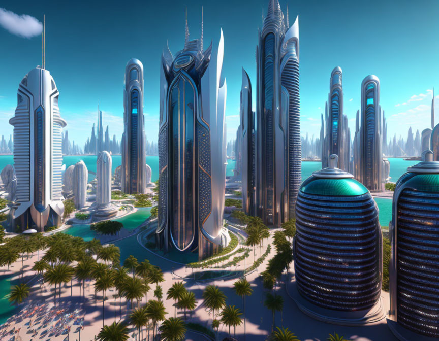 Futuristic cityscape with towering skyscrapers and waterfront views