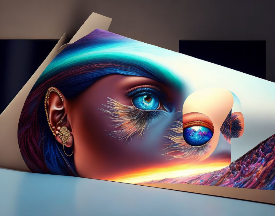 Surreal artwork: Woman's eye in vivid blue colors merging with scenic landscape and reflecting spheres.